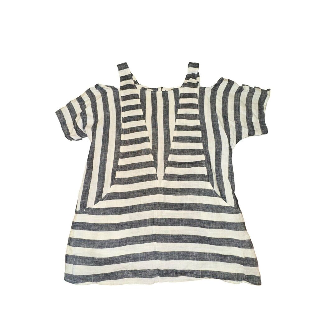 Soft Surroundings Sunset Tunic Sz M Black Beige Stripe Cold Shoulder Linen Blend